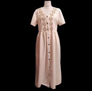 CACTUS CALIFORNIA Cream Button-Down Maxi Dress Gold Beading Heavy Cotton Medium